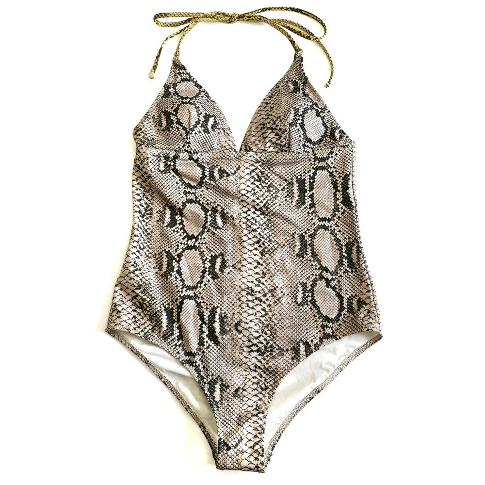 STELLA MCCARTNEY snakeskin snake print one piece halter swimsuit tan black Sz S